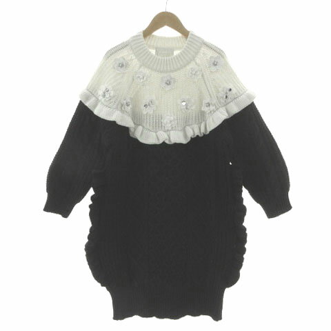 【中古】チェスティ Chesty ウール混 フリル ビジュー ニット ワンピース 21N502. 長袖 ひざ丈 花モチーフ パール レース バイカラー ブラック 黒 ホワイト 白 1 レディース 【ベクトル 古着】 250721