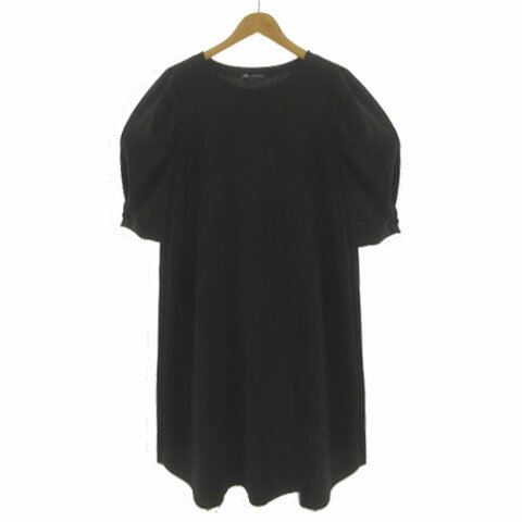 【中古】ザラ ZARA ワンピース ジャージ生地調 パフスリーブ 五分袖 ミディ丈 裾カットオフ ストレッチ ブラック 黒 L レディース 【ベクトル 古着】 250807