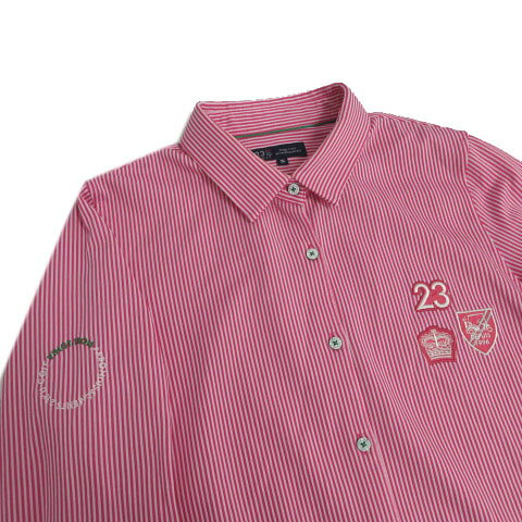ブランド古着ベクトルプレミアム店の【中古】23区GOLF ストライプロングスリーブシャツ ロゴワッペン ストレッチ コットン混 ピンク ホワイト 白 3 レディース 【ベクトル 古着】 251005｜アングル2