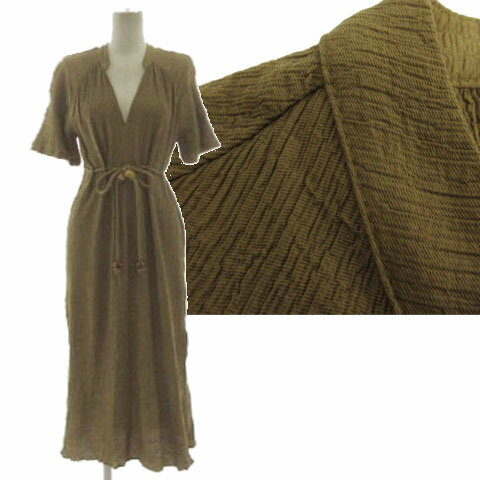 【中古】ザラ ZARA ビーズベルト付きロング丈ワンピース 3897/084/505 シワ加工 裾スリット 半袖 カーキ M レディース 【ベクトル 古着】 260217