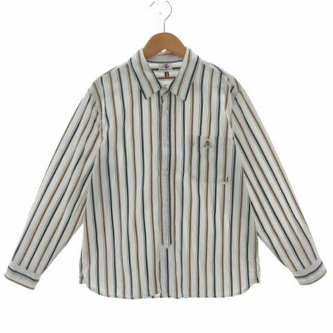 素色 - 【中古】ゲバコ GEVACO マルチストライプレギュラーシャツ 胸ポケ ロゴワッペン 長袖 コットン ホワイト ネイビー ブラウン 38 レディース 【ベクトル 古着】 260415