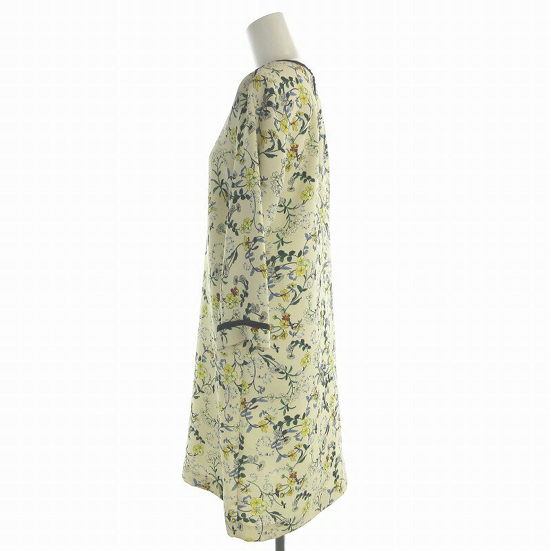 【中古】ザラ ベーシック ZARA BASIC ワンピース キーネック ひざ丈 七分袖 花柄 M ベージュ /EA ■BM レディース 【ベクトル 古着】 250213