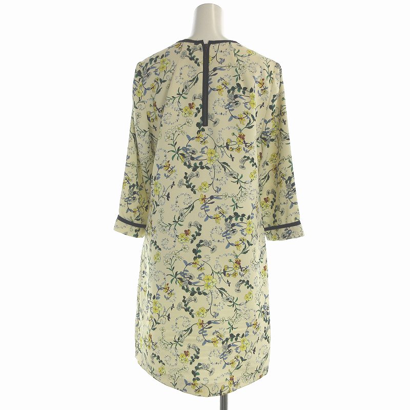 【中古】ザラ ベーシック ZARA BASIC ワンピース キーネック ひざ丈 七分袖 花柄 M ベージュ /EA ■BM レディース 【ベクトル 古着】 250213