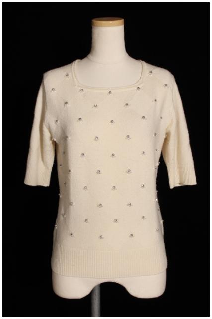 【中古】 フォクシー FOXEY カットソー ニット 五分袖 ビジュー ウール カシミヤ 38 白 ホワイト 35225 /mm0503 レディース 【ベクトル 古着】 190503