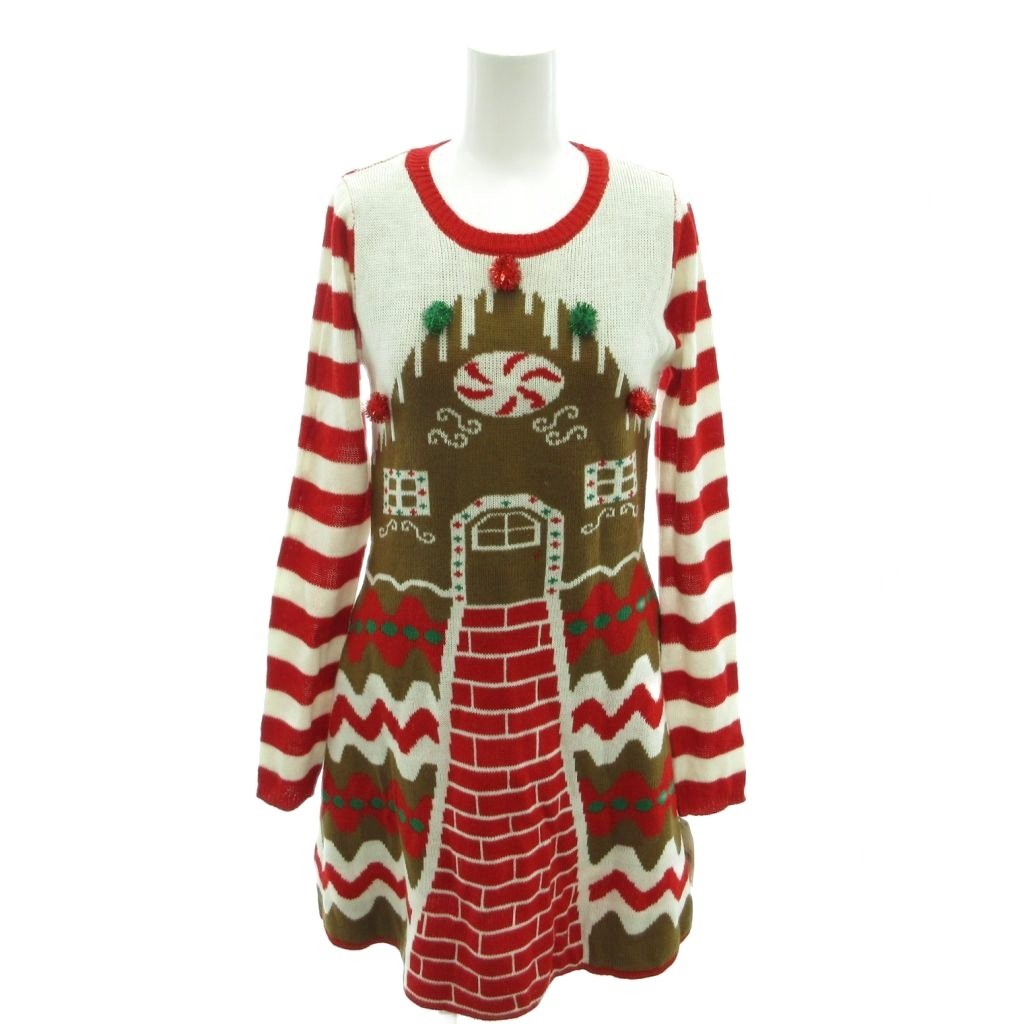 【中古】未使用品 ボーンフェイマス Born Famous タグ付き ニットワンピース 長袖 ラウンドネック ジンジャーブレッドハウス柄 XS 赤 レッド 白 ホワイト /YJ ■GY66 レディース 【ベクトル 古着】 260129