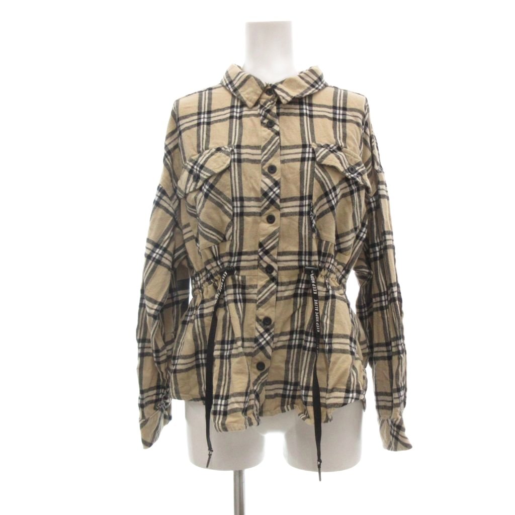 【中古】ピンクラテ PINK-latte シャツ M ベージュ 黒 ブラック チェック柄 長袖 ロゴ入りドローストリング /ML ■ECF003 レディース 【ベクトル 古着】 260326