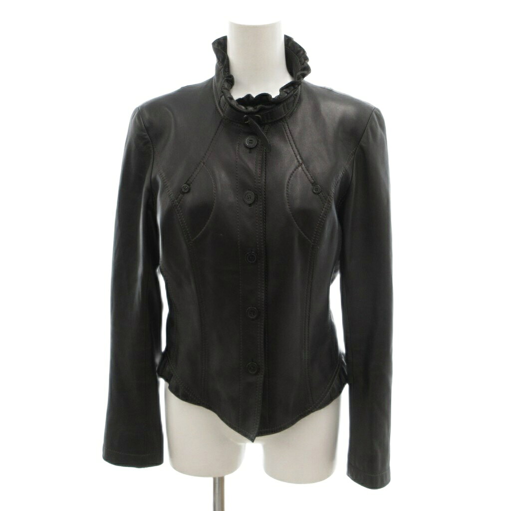 インテレクション INTELLECTION 美品 レザージャケット 40 黒 ブラック フリルネック スタンドカラー ボタンダウン /SJ ■ECF006 レディース  260611