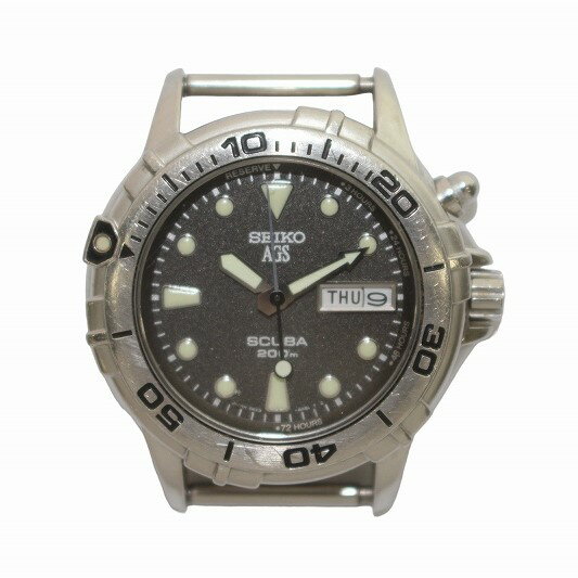 【中古】セイコー SEIKO AGS SCUBA スキューバ ダイバーズウォッチ キネティック 腕時計 自動巻き デイデイト バンドなし 文字盤黒 ブラック シルバー色 /IR ■GY18 メンズ 【ベクトル 古着】 240413