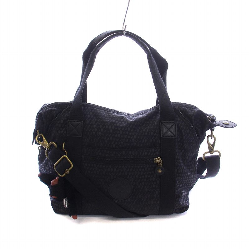 【中古】キプリング KIPLING ハンドバッグ ショルダー 2WAY ナイロン ゴリラチャーム付き 総柄 黒 ブラック ■GY18 /MQ レディース 【ベクトル 古着】 241106