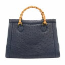 【中古】ハンドバッグ トート オーストリッチレザー 革 バンブー イタリア製 青 ブルー /FT レディース 【ベクトル 古着】 250124