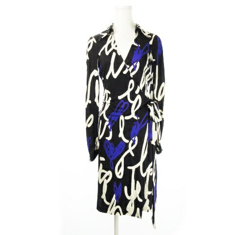【中古】ダイアンフォンファステンバーグ DIANE von FURSTENBERG シルクワンピース カシュクール ひざ丈 長袖 ストレッチ 薄手 タイト ハート 総柄 4 S 黒 ブラック /CK8 ■GY18 レディース 【ベクトル 古着】 250120
