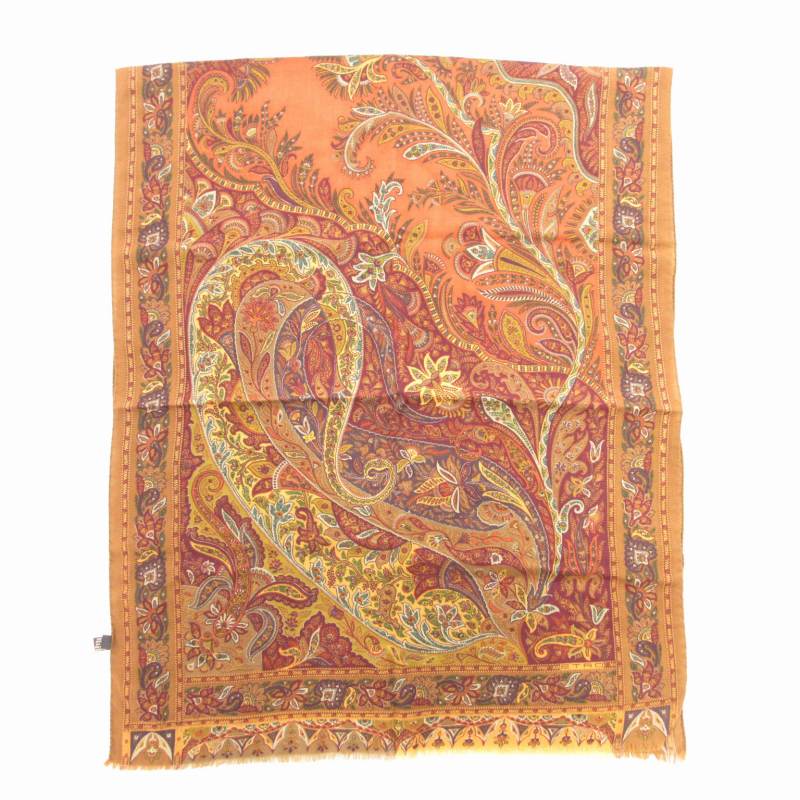 【中古】エトロ ETRO スカーフ 総柄 ペイズリー柄 ウール シルク フリンジ 茶 ブラウン ■GY18 /TZ レディース 【ベクトル 古着】 250225