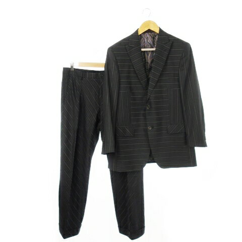 【中古】エトロ ETRO シングルスーツ 2点セット セットアップ ウール シルク混 絹 テーラードジャケット 総裏地 スラックス ストレート ボーダー 切替 グレー 092-10919-0246 /CK2 ■GY12 メンズ 【ベクトル 古着】 250124