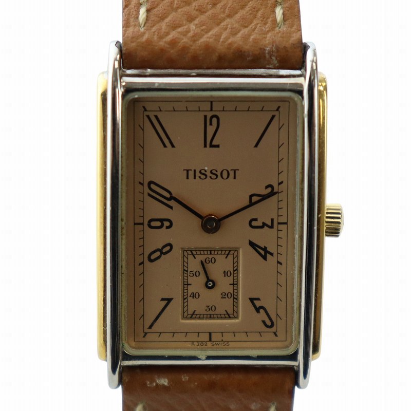 【中古】ティソ TISSOT ジャンク品 アールデコ スモセコ 腕時計 ウォッチ クォーツ スクエア ゴールド色 茶 ブラウン A282 ■GY18 /MQ メンズ 【ベクトル 古着】 250307