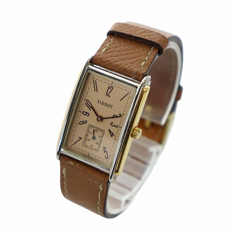 【中古】ティソ TISSOT ジャンク品 アールデコ スモセコ 腕時計 ウォッチ クォーツ スクエア ゴールド色 茶 ブラウン A282 ■GY18 /MQ メンズ 【ベクトル 古着】 250307