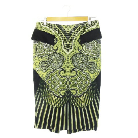 【中古】エトロ ETRO タイトスカート ひざ丈 配色 切替 ペイズリー柄 ストライプ ストレッチ 44 L 緑 グリーン 黒 ブラック /CK27 ■GY18 レディース 【ベクトル 古着】 250409