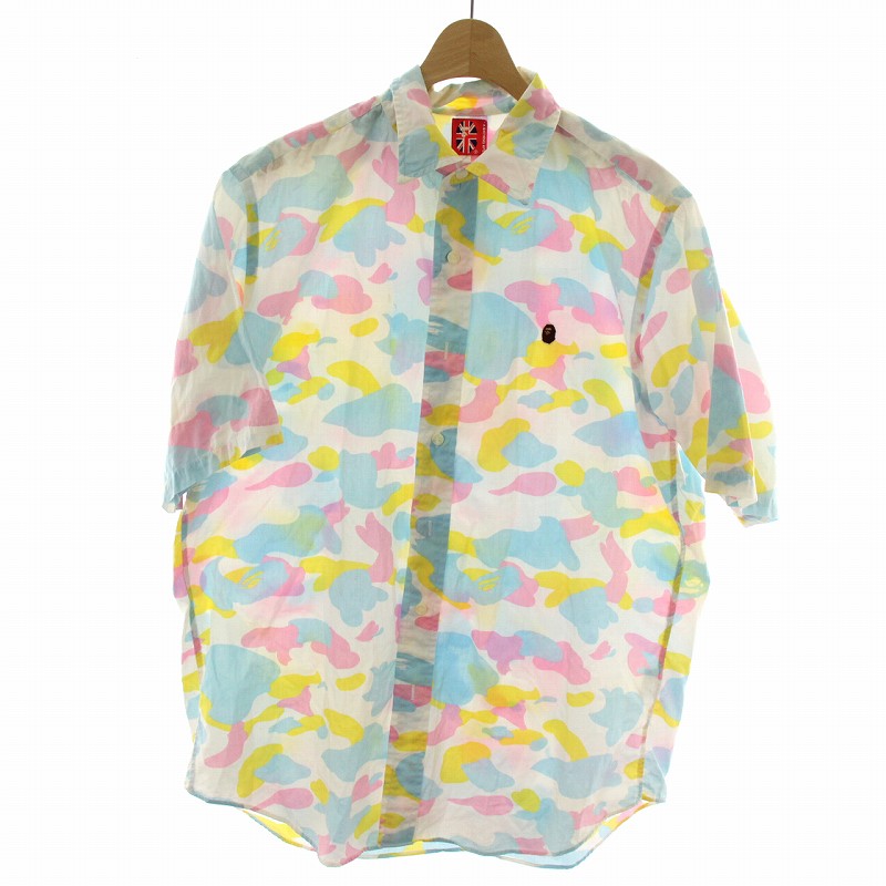 【中古】アベイシングエイプ A BATHING APE シャツ 半袖 総柄 ロゴ マルチカモ 迷彩柄 L 白 ホワイト 水色 黄 イエロー ピンク マルチカラー /MP ■GY01 メンズ 【ベクトル 古着】 250617