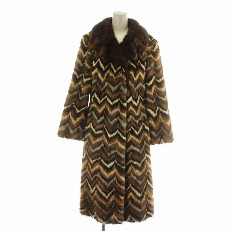 【中古】ノーブランド ファーコート アウター 毛皮 ミンク ロング ヘリンボーン 総柄 茶色 ブラウン /XZ ■GY18 レディース 【ベクトル 古着】 250629