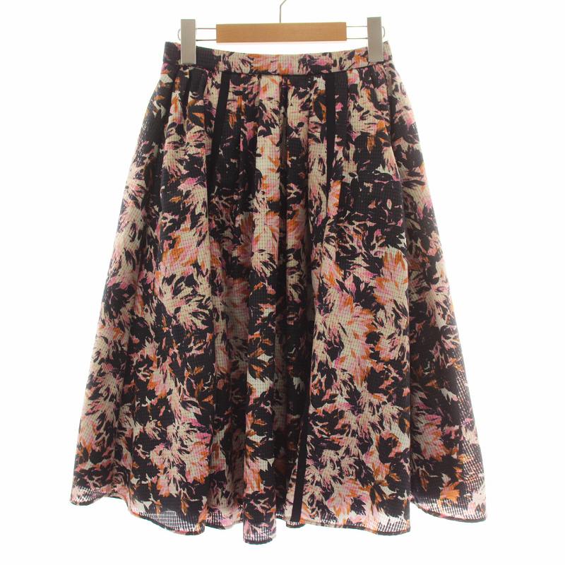 【中古】ランバンオンブルー LANVIN en Bleu 近年モデル タックフレアスカート ロング 花柄 総柄 ジップフライ 36 S ピンク 紺 ネイビー /XZ ■GY43 レディース 【ベクトル 古着】 250627