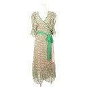 【中古】ダイアンフォンファステンバーグ DIANE von FURSTENBERG ワンピース ラップ ひざ丈 半袖 袖コン 楊柳 フリル シアー リボン 幾何学 総柄 2 S ピンク 緑 グリーン /AH2 ■GY18 レディース 【ベクトル 古着】 250708(4)