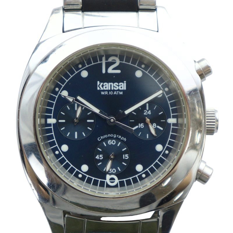 【中古】カンサイ KANSAI 腕時計 ウォッチ クォーツ クロノグラフ 青文字盤 ロゴ シルバー色 KK0815 ■GY18 /MQ メンズ 【ベクトル 古着】 250805