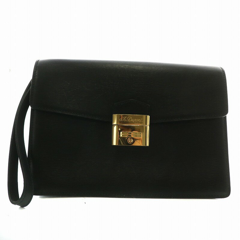 【中古】エステーデュポン S.T.DUPONT クラッチバッグ セカンドバッグ レザー ロゴ ゴールド金具 黒 ブ..