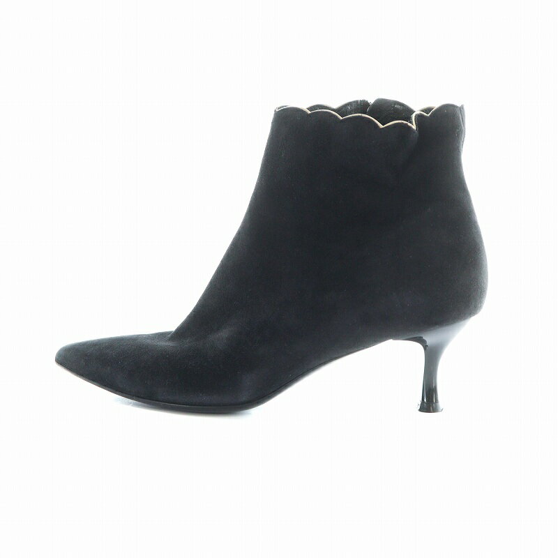 【中古】サルヴァトーレフェラガモ Salvatore Ferragamo ブーティ ショートブーツ サイドジップ スエード レザー ロゴ ポインテッドトゥ 8.5 22cm 黒 ブラック ■GY11 /MQ レディース 【ベクトル 古着】 250726(4)