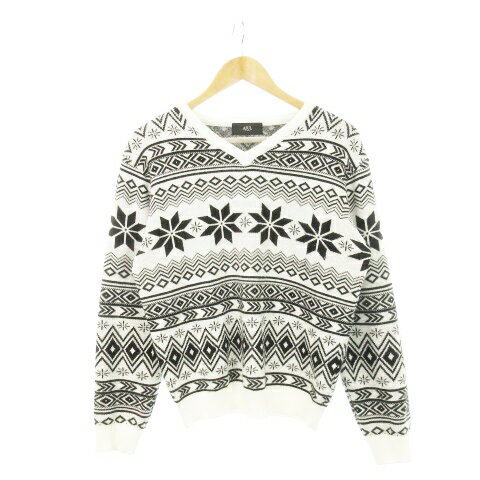 【中古】アズールバイマウジー AZUL by moussy ノルディック柄Vネックニットプルオーバー 長袖 総柄 S 白 ホワイト 黒 ブラック 251CSM70-034I /AH14 ■GY11 メンズ 【ベクトル 古着】 250806
