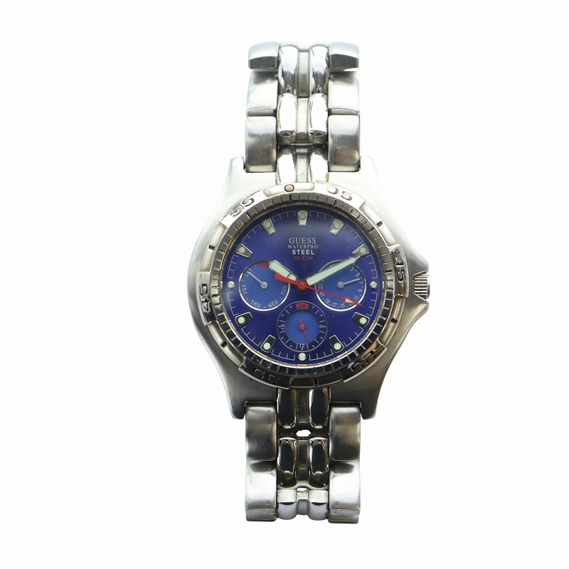 【中古】ゲス GUESS 腕時計 ウォッチ クォーツ クロノグラフ ロゴ 青文字盤 シルバー色 ■GY11 /MQ メンズ 【ベクトル 古着】 250907
