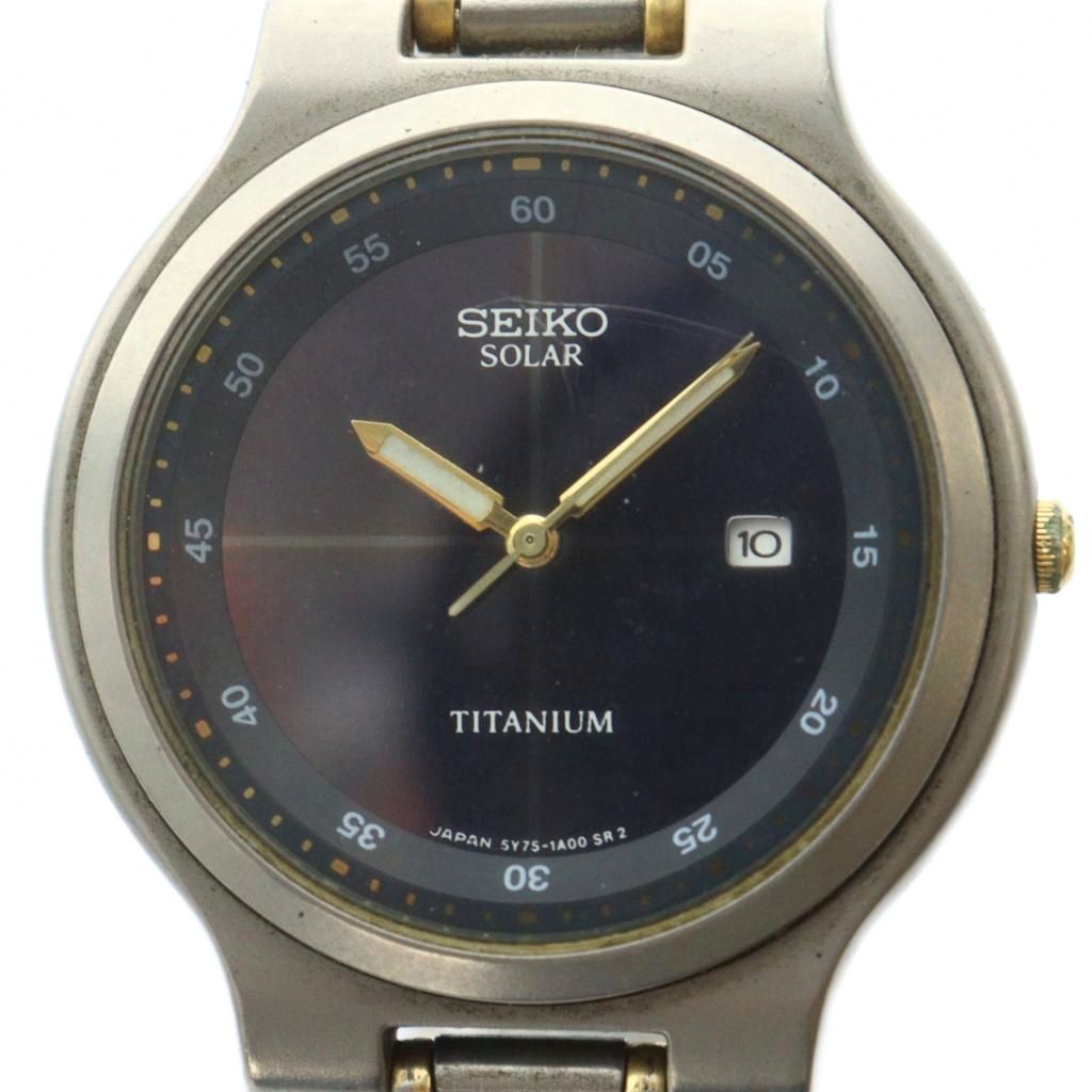 【中古】セイコー SEIKO ジャンク品 腕時計 ウォッチ ソーラー カレンダー付き 黒文字盤 シルバー色 5Y75-1A00 ■GY18 /MQ メンズ 【ベクトル 古着】 250912