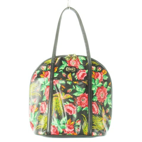 【中古】フェイラー FEILER ハンドバッグ PVC レザー 革 ラウンド シュニール織りプリント 花柄 鳳凰 ロゴ 黒 ブラック /CK21 ■GY18 レディース 【ベクトル 古着】 250903(4)