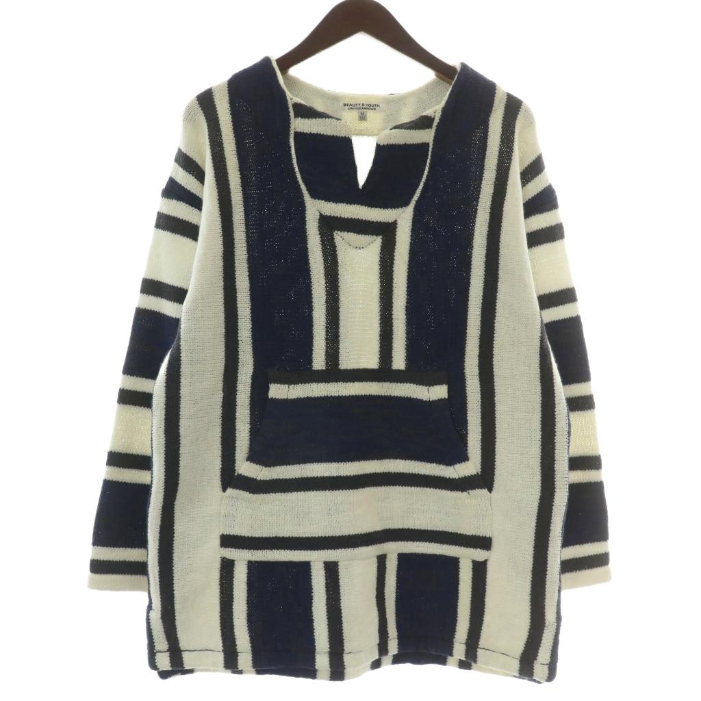 【中古】B&Y ユナイテッドアローズ BEAUTY&YOUTH ビューティー&ユース ニット セーター ナイロン 長袖 Vネック プルオーバー 総柄 M 紺 ネイビー 白 ホワイト /XZ メンズ 【ベクトル 古着】 250829