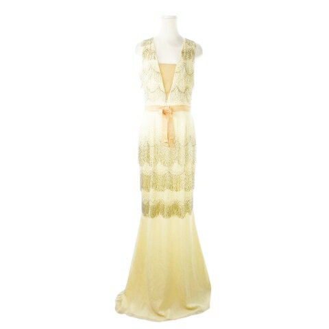 【中古】エリザベッタ フランキ ELISABETTA FRANCHI ドレス フォーマル ワンピース ロング Vネック ノースリーブ シアー ビーズ フリンジ ウエストマーク 42 S 白 アイボリー /CK5 ■GY18 レディース 【ベクトル 古着】 250929