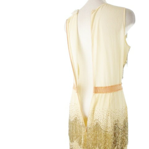 【中古】エリザベッタ フランキ ELISABETTA FRANCHI ドレス フォーマル ワンピース ロング Vネック ノースリーブ シアー ビーズ フリンジ ウエストマーク 42 S 白 アイボリー /CK5 ■GY18 レディース 【ベクトル 古着】 250929