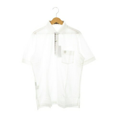 【中古】未使用品 ダックス DAKS ポロシャツ 半袖 ロゴ刺繍 ワンポイント チェック コットン L 白 ホワ..
