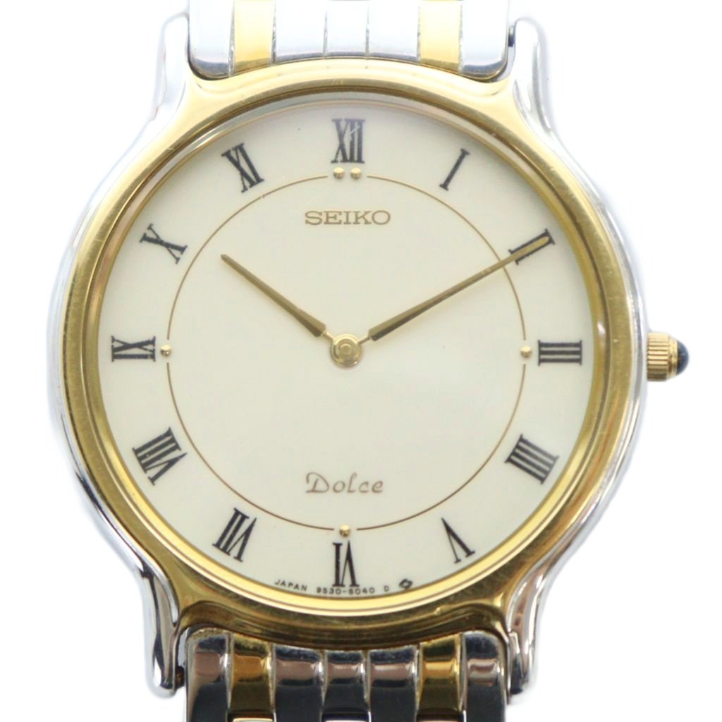 【中古】セイコー SEIKO ジャンク品 9530-6040 ドルチェ Dolce 腕時計 ウォッチ クォーツ ローマン シルバー色 ゴールド色 ■GY18 /MQ メンズ 【ベクトル 古着】 251021ブランドセイコー SEIKO表記サイズ実寸サイズをご参考ください。実寸サイズバンド幅：約1.6cm　腕周り：約16.5cm　ケース・タテ：約30mm　ケース・ヨコ（リューズは除く）：約30mm　　素材ステンレススチール色シルバー色 ゴールド色仕様日常生活防水状態・不動、動作未確認のジャンク品です ・ケース、ベルトに傷 上記の状態につき、ジャンク品扱いとさせていただきます。 ※ジャンク品につきましては、返品・交換・修理・動作保証は承っておりません。現状をよくご理解の上ご検討ください。付属品なし備考型番 9530-6040 OH期不明商品のお問い合わせの回答を休止しております。＊各商品ページの商品詳細等をご確認の上ご購入ください。【中古】セイコー SEIKO ジャンク品 9530-6040 ドルチェ Dolce 腕時計 ウォッチ クォーツ ローマン シルバー色 ゴールド色 ■GY18 /MQ メンズ 【ベクトル 古着】 251021状態ランク　”D”詳細については、下記および「状態ランクについて」ページをご覧ください。未使用・新品の商品ほぼ新品同様の商品使用感が少なく、かなり状態の良い商品使用感はあるが、傷や汚れの少ない商品使用感の他、傷や汚れが見られる商品かなり大きな傷みがある難あり商品※S〜CランクはUSED品となりますので、使用感をご理解の上でご入札下さい。状態ランクについてinformationブランドセイコー SEIKO表記サイズ実寸サイズをご参考ください。実寸サイズバンド幅：約1.6cm　腕周り：約16.5cm　ケース・タテ：約30mm　ケース・ヨコ（リューズは除く）：約30mm　　素材ステンレススチール色シルバー色 ゴールド色仕様日常生活防水状態・不動、動作未確認のジャンク品です ・ケース、ベルトに傷 上記の状態につき、ジャンク品扱いとさせていただきます。 ※ジャンク品につきましては、返品・交換・修理・動作保証は承っておりません。現状をよくご理解の上ご検討ください。付属品なし備考型番 9530-6040 OH期不明商品のお問い合わせの回答を休止しております。＊各商品ページの商品詳細等をご確認の上ご購入ください。本商品は一点物です他サイトや店舗にて販売している商品です。多少のお時間差にて欠品になることもございます。予めご了承頂ますようお願い致します。ベクトル・サイズガイドはこちらこの商品と同じブランドの商品を見る