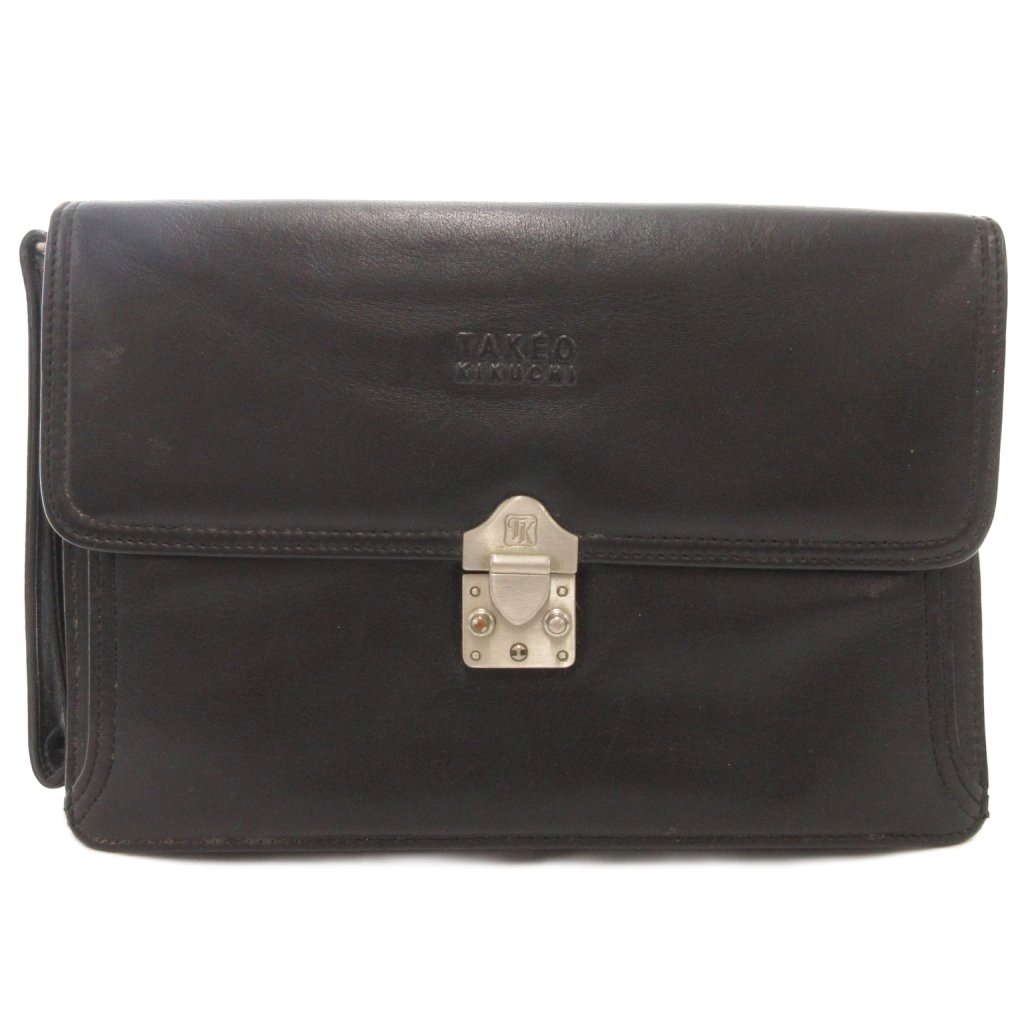 【中古】タケオキクチ TAKEO KIKUCHI クラッチバッグ セカンドバッグ レザー 本革 黒 ブラック ロゴ /A..