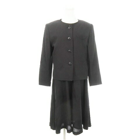 【中古】ピエールカルダン Pierre Cardin ワンピーススーツ セットアップ 上下 ノーカラージャケット 背抜き ミモレ丈ワンピース 半袖 ウール フォ...