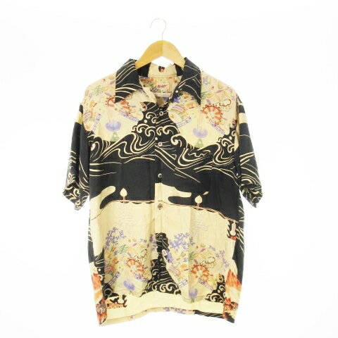 【中古】サンサーフ 東洋 SUN SURF アロハシャツ シルク 絹 半袖 和柄 青海波 宝船 寿 七宝 赤富士 L 黒 ブラック /CK1 ■GY18 メンズ 【ベクトル 古着】 251106