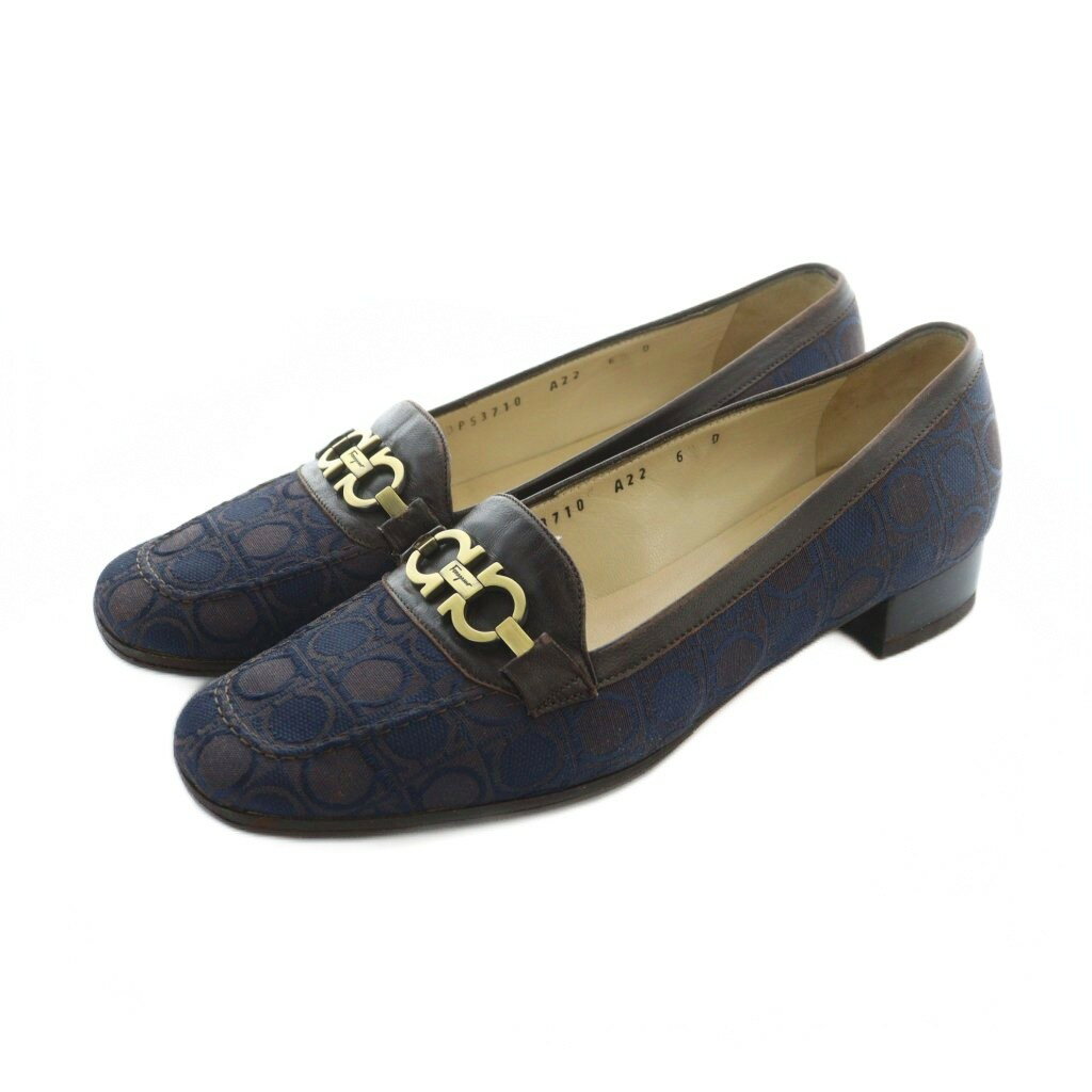 【中古】サルヴァトーレフェラガモ Salvatore Ferragamo パンプス ジャガード ガンチーニ 総柄 ロゴ スクエアトゥ レザー 6 23.5cm 紺 ネイビー 茶 ブラウン ■GY18 /MQ レディース 【ベクトル 古着】 251029(4)