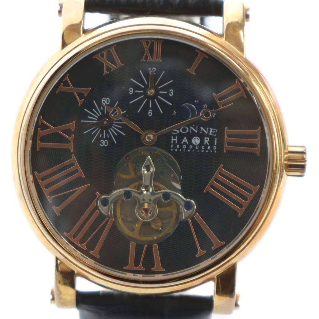 【中古】ゾンネ SONNE ハオリ HAORI KOICHIIWAKI 岩城滉一 コラボ 腕時計 ウォッチ 自動巻き 黒文字盤 クロノグラフ ゴールドカラー 金色 ■GY18 /MQ メンズ 【ベクトル 古着】 251118