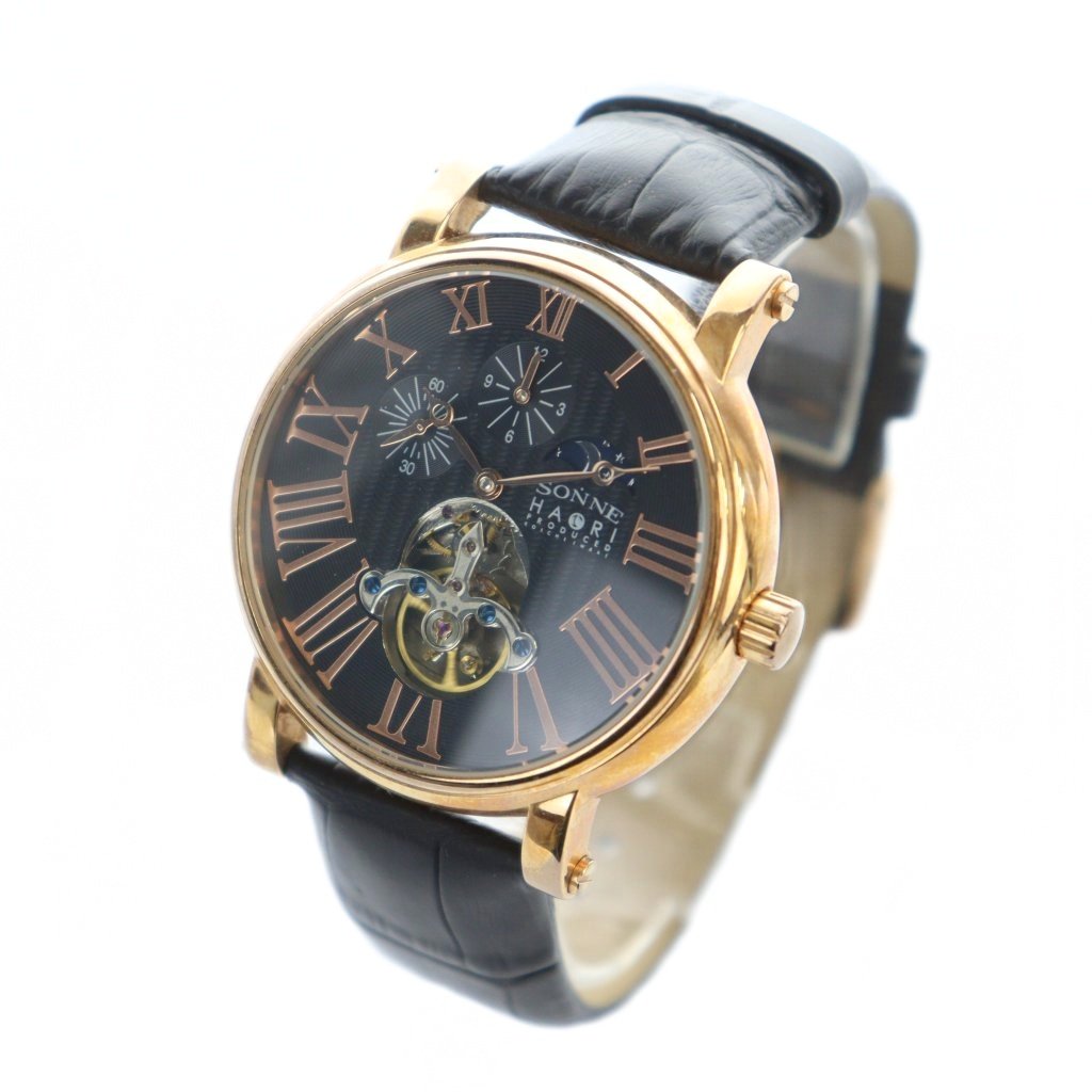 【中古】ゾンネ SONNE ハオリ HAORI KOICHIIWAKI 岩城滉一 コラボ 腕時計 ウォッチ 自動巻き 黒文字盤 クロノグラフ ゴールドカラー 金色 ■GY18 /MQ メンズ 【ベクトル 古着】 251118