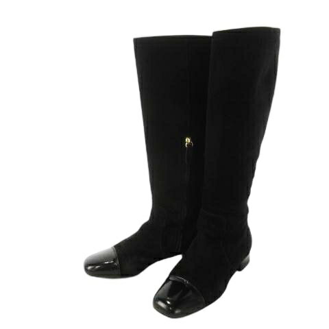 【中古】トッズ TOD'S ロングブーツ スエード 切替 エナメル レザー 革 ローヒール スクエアトゥ 37 24..