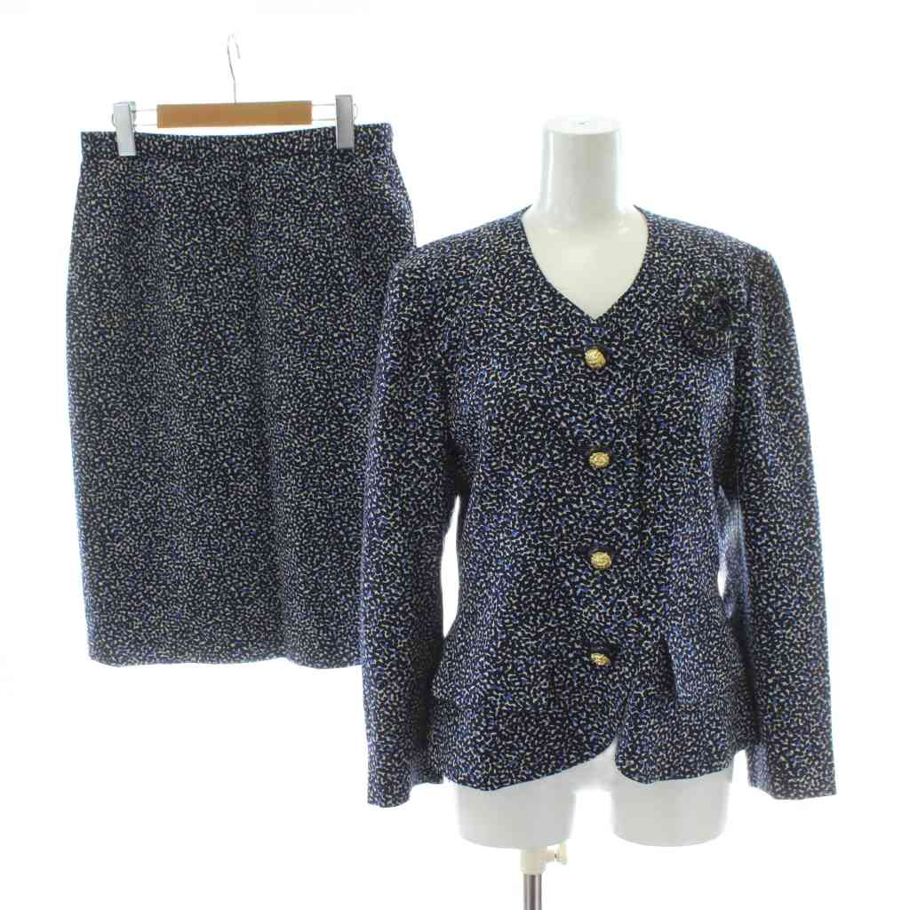 【中古】キミジマ KIMIJIMA セットアップ ノーカラージャケット タイトスカート ウール 9 ネイビー 紺色 総柄 膝丈 コサージュ付き /PP ■GY19 レディース 【ベクトル 古着】 251128