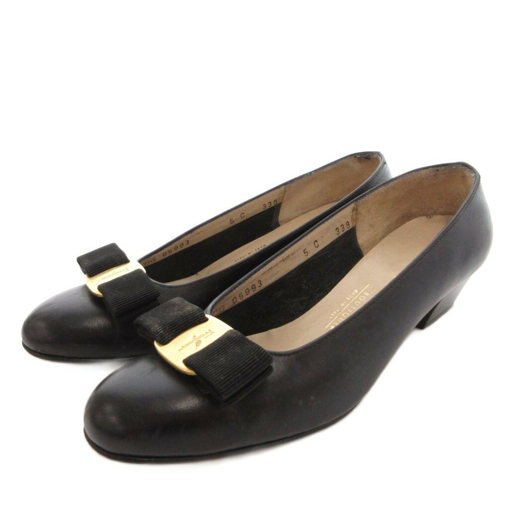 樂天商城 - 【中古】サルヴァトーレフェラガモ Salvatore Ferragamo ヴァラ リボン パンプス チャンキーヒール レザー 5 黒 ブラック /FF ■GY18 レディース 【ベクトル 古着】 260307
