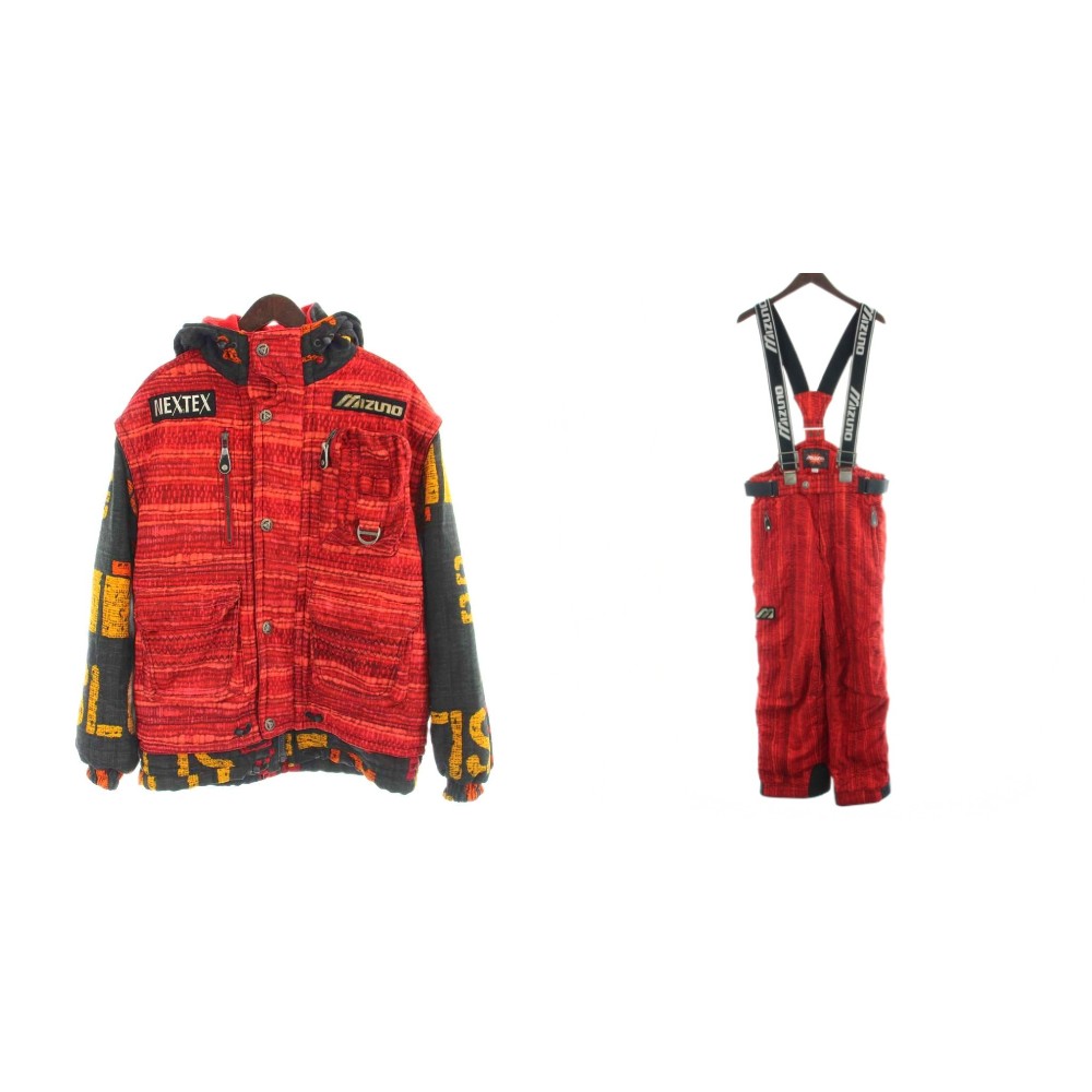 [Used] Mizuno Ski & Snowboard Wear Jacket & Pants, Padded, Suspenders, Size L, Red, All-over Pattern, Hooded /AP ■GY12 Men's [Vector Used Clothing] 260429