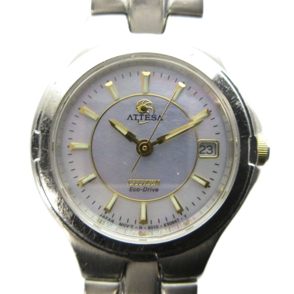 B, F, H, P, V - 【中古】シチズン CITIZEN E010-K17985 ATESSA アテッサ Eco-drive エコドライブ 腕時計 ソーラー ウォッチ カレンダー付き シルバー色 ■GY18 /MQ レディース 【ベクトル 古着】 260506