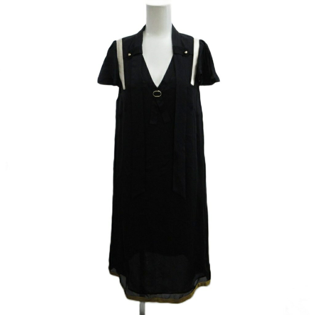 【中古】グッチ GUCCI ワンピース 絹 シルク 38 黒 ブラック マスタード Vネック 半袖 肩ライン装飾 ひざ丈 213908 ZT039 /PP ■GY19 レディース 【ベクトル 古着】 260521