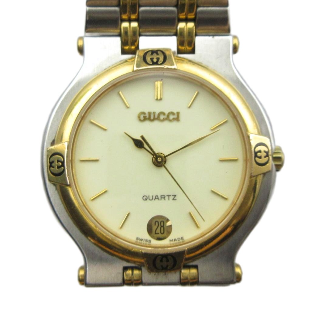 【中古】グッチ GUCCI 9000M 腕時計 ウォッチ クォーツ カレンダー付き デイト ロゴ シルバー色 ゴールド色 ■GY17 /MQ ■OH メンズ 【ベクトル 古着】 260704