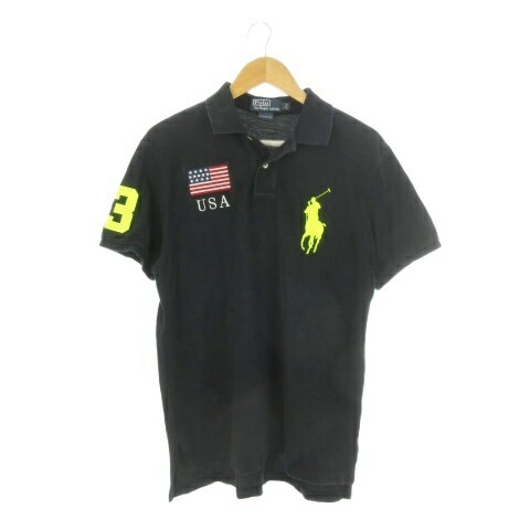 【中古】ポロ バイ ラルフローレン Polo by Ralph Lauren ポロシャツ L CUSTOM FIT 黒 ブラック アメリカ国旗柄 ビッグポニー ロゴ刺繍 半袖 0479655 /CK4 ■GY11 メンズ 【ベクトル 古着】 260616